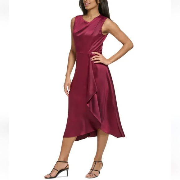 DKNY‎ Satin Asymmetrical Hem Neck Sleeveless Faux Wrap Cascading Ruffle Dress 16 - Picture 1 of 8